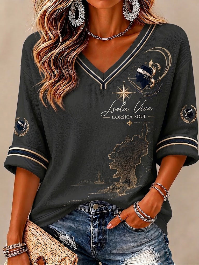 T-shirt femme à manches mi-longues et col en V, imprimé du drapeau de la Corse