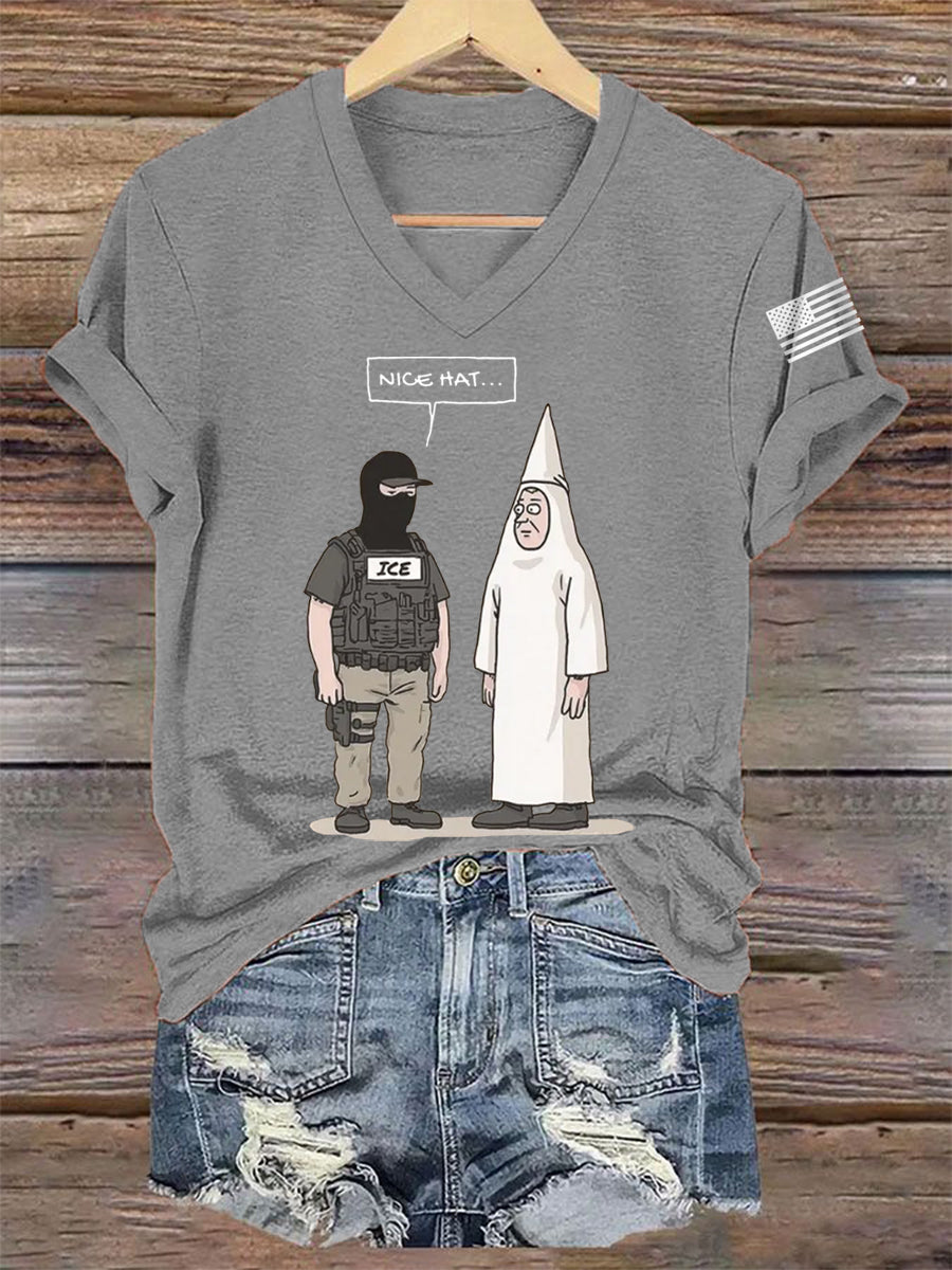 Women's Funny Abolish ICE Nice Hat V-Neck Tee