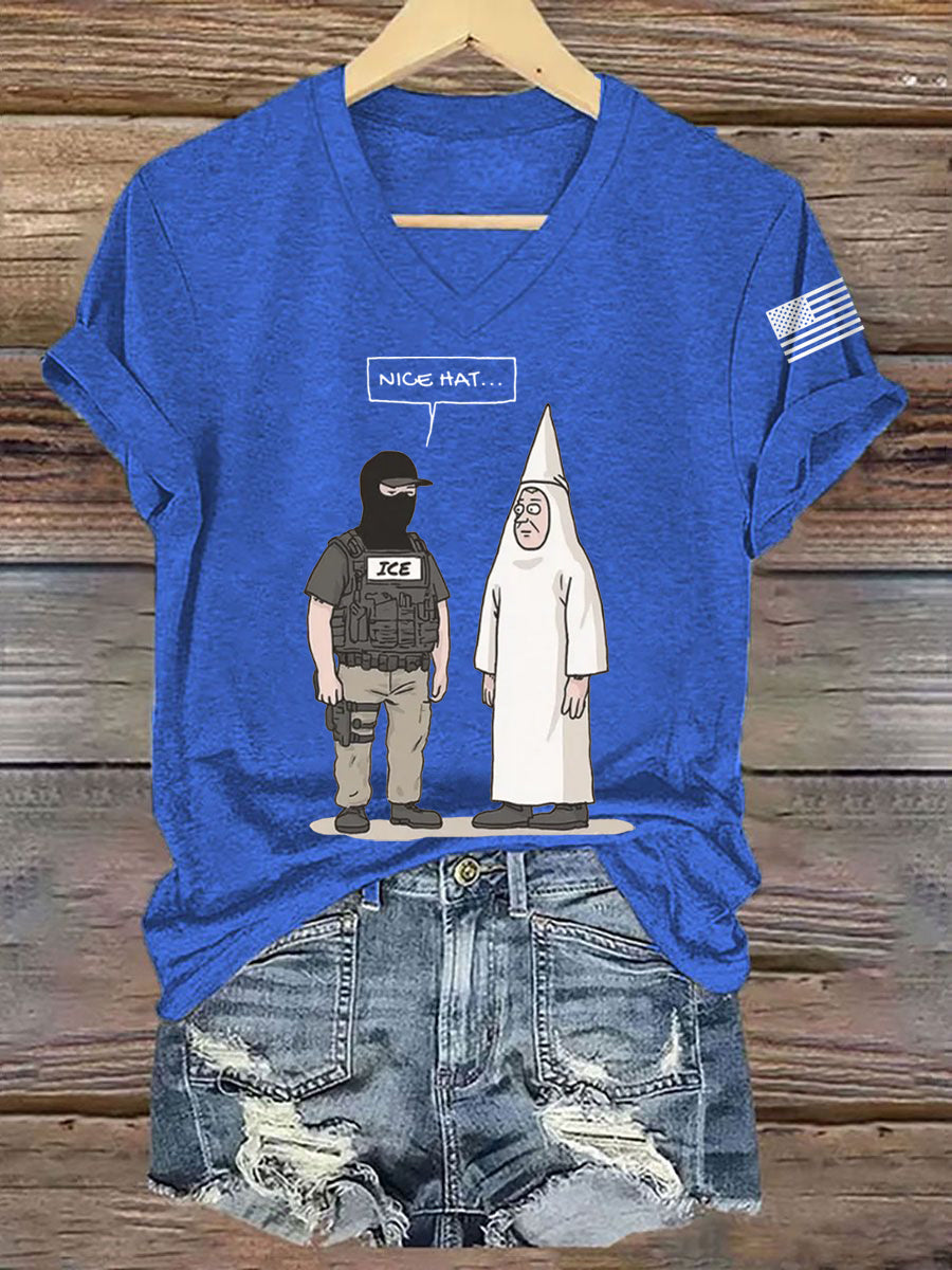 Women's Funny Abolish ICE Nice Hat V-Neck Tee
