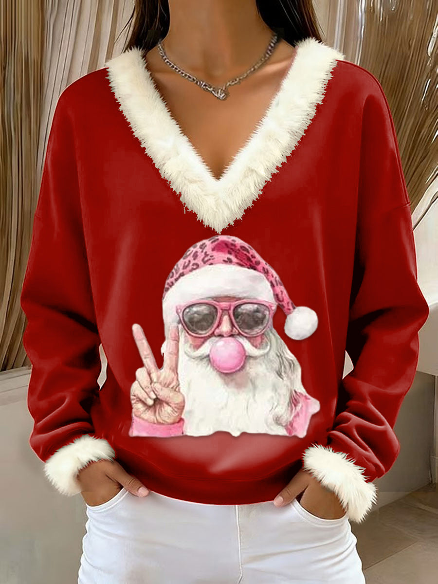 Women's Retro Christmas Santa Claus Blowing Bubbles Loose Long Sleeved Fur-Trimmed Sweater