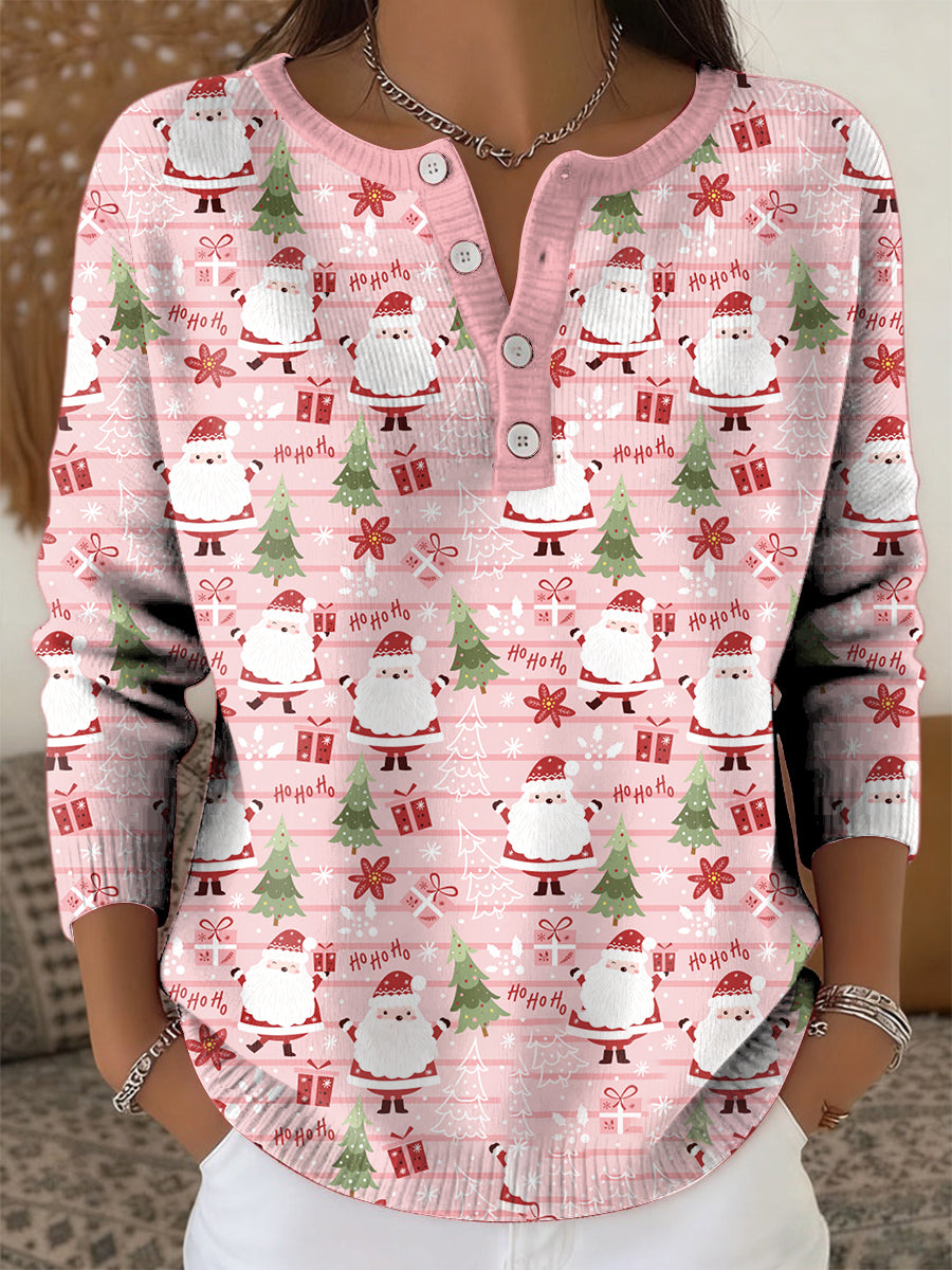 Women's Retro Christmas Santa Claus Christmas Tree Art Print Long-sleeve Sweater