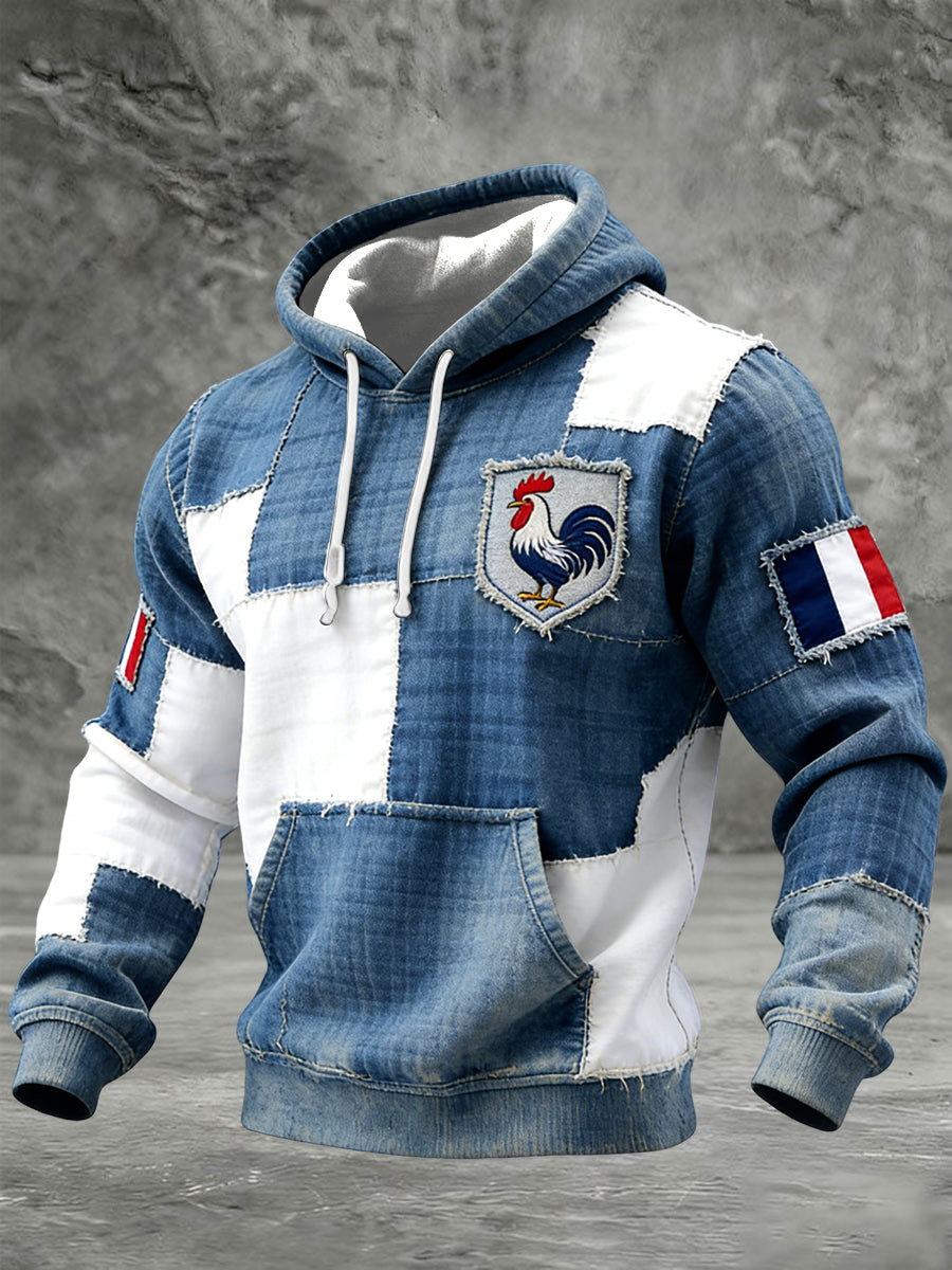 Rétro Français Coq Emblème Patchwork Waffle-Weave Casual Hoodie