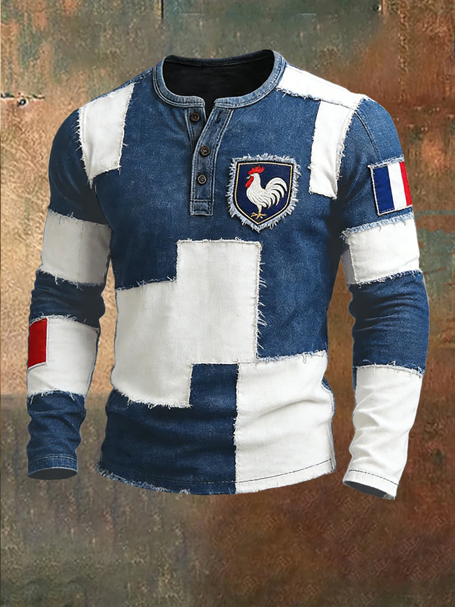 Rétro Français Coq Emblème Patchwork Casual Henley Shirt