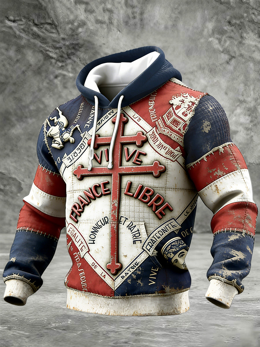 Sweat-shirt à capuche décontracté imprimé patchwork vintage drapeau français pour hommes