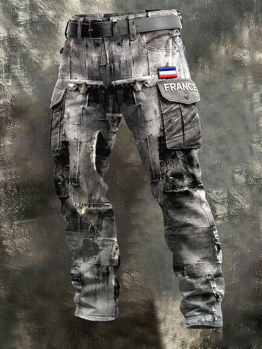 Pantalon de travail en patchwork gris imprimé drapeau français pour hommes