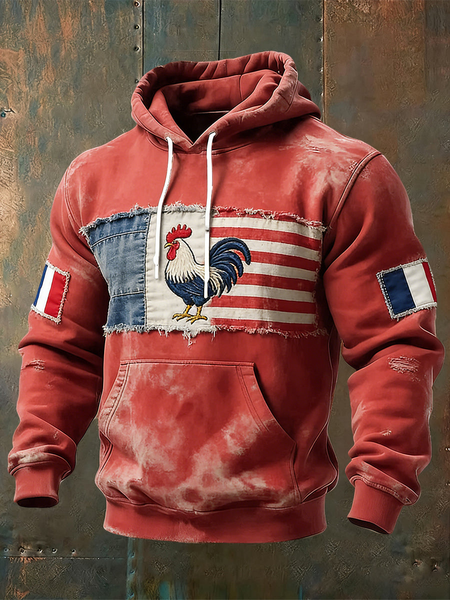 Vintage-Lavé Français Coq Drapeau Patchwork Casual Hoodie
