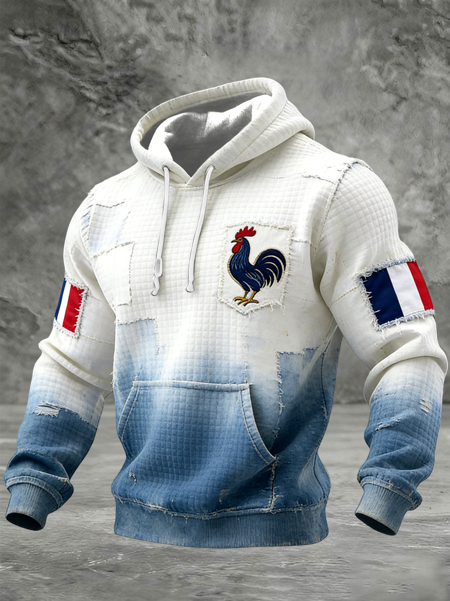 Rétro Français Coq Drapeau Gradient Waffle Weave Casual Hoodie