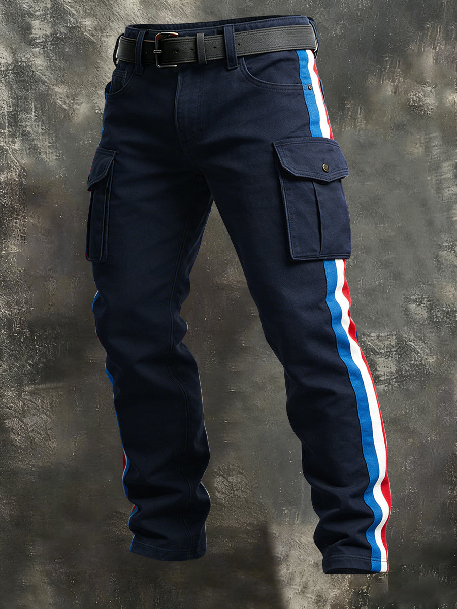 Pantalon de travail décontracté rétro drapeau français rayure patchwork
