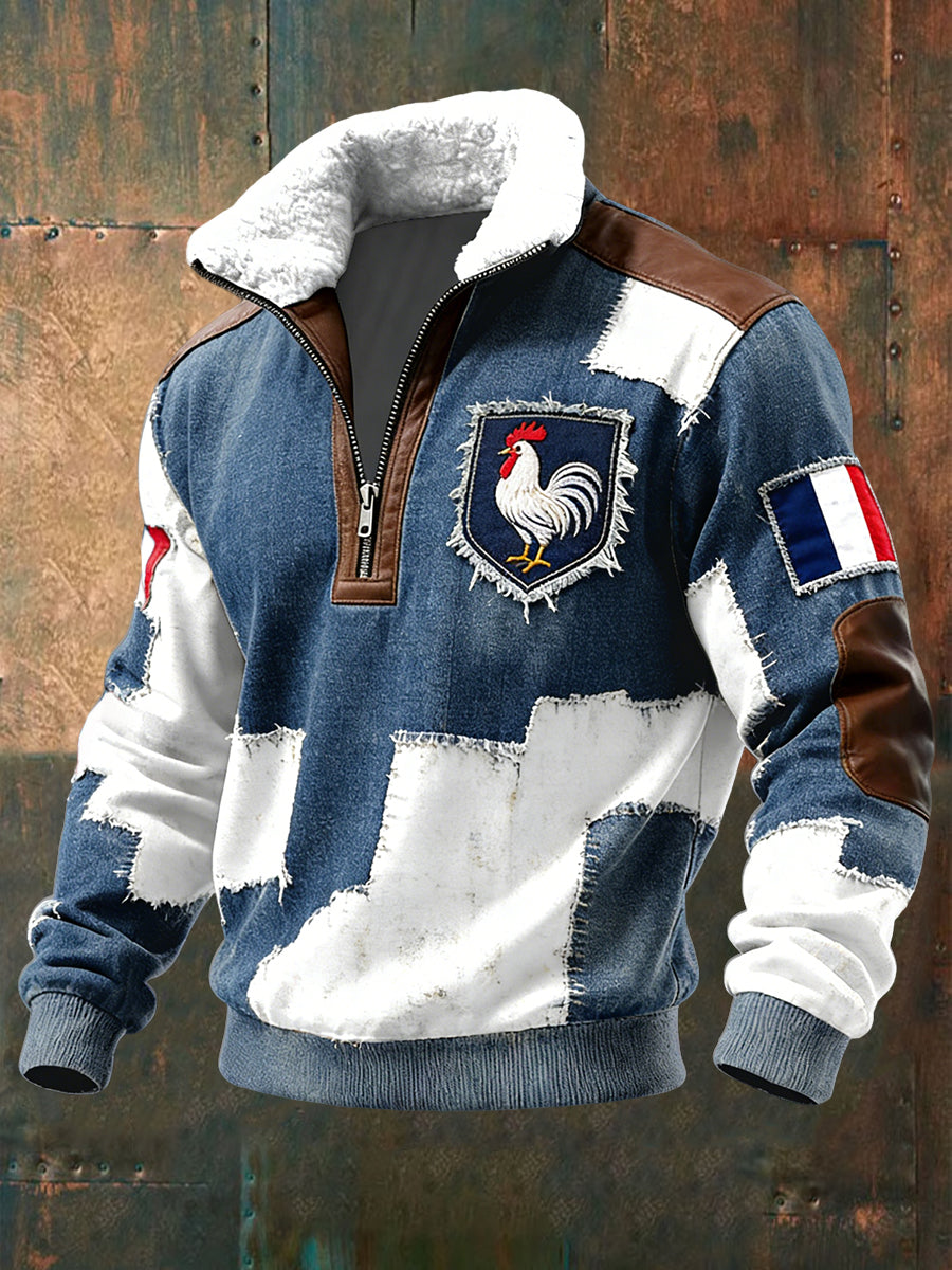 Rétro Français Coq Emblème Patchwork Casual Laine-Col Pull