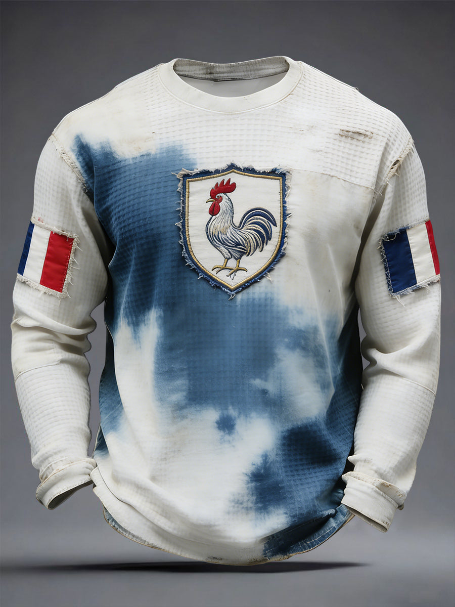 Rétro Français Coq Drapeau Tie-Dye Gaufre Weave T-shirt décontracté