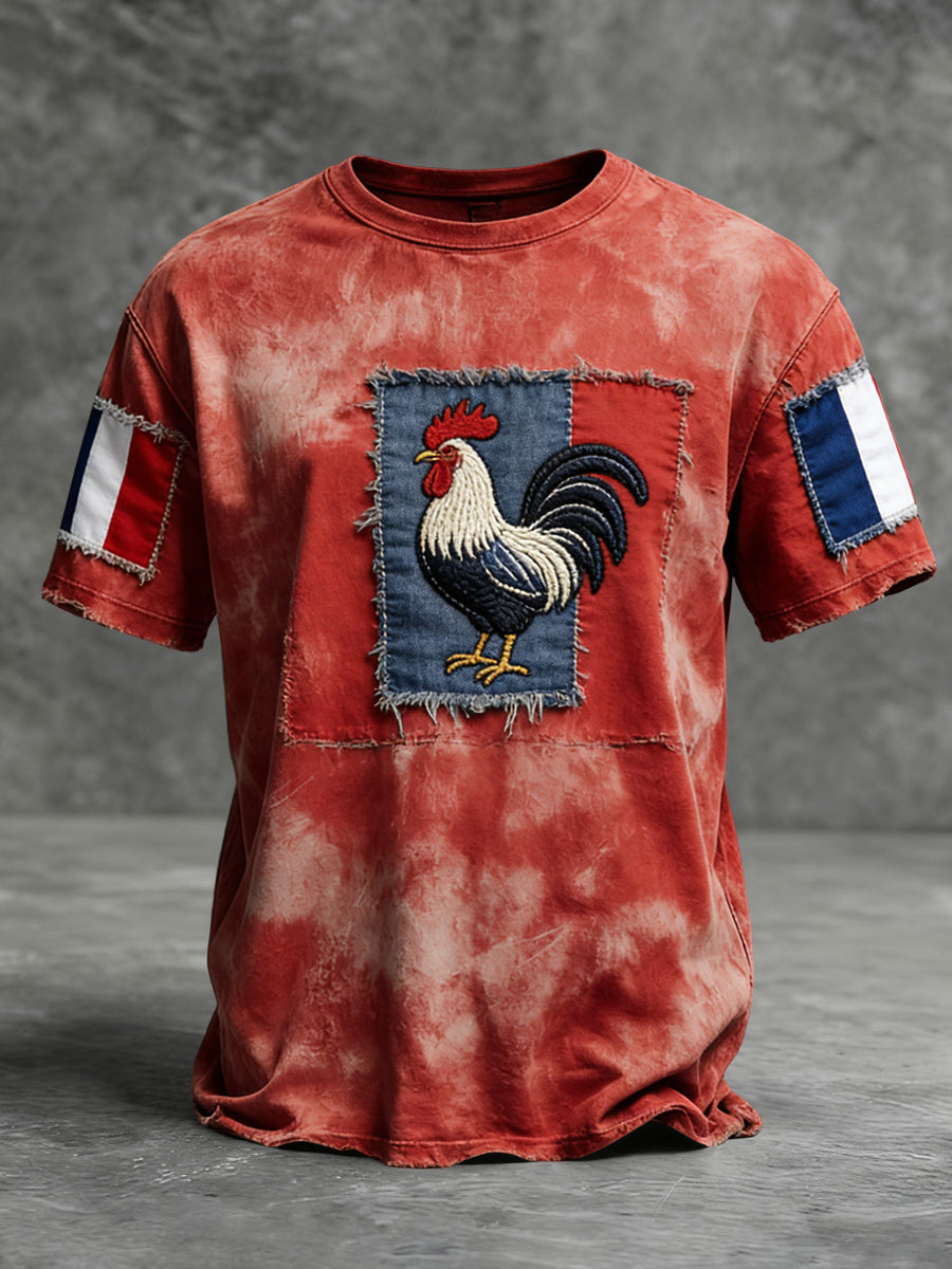 T-shirt décontracté rétro asymétrique en patchwork de drapeau français