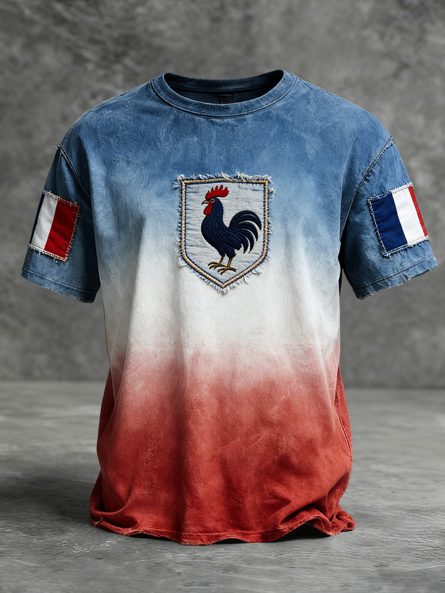 T-shirt Décontracté Dégradé Drapeau Français Délavé Vintage