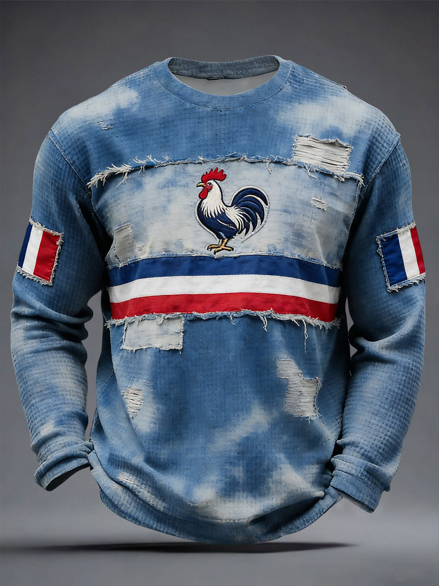 Drapeau français rétro Patchwork Waffle Weave T-shirt décontracté