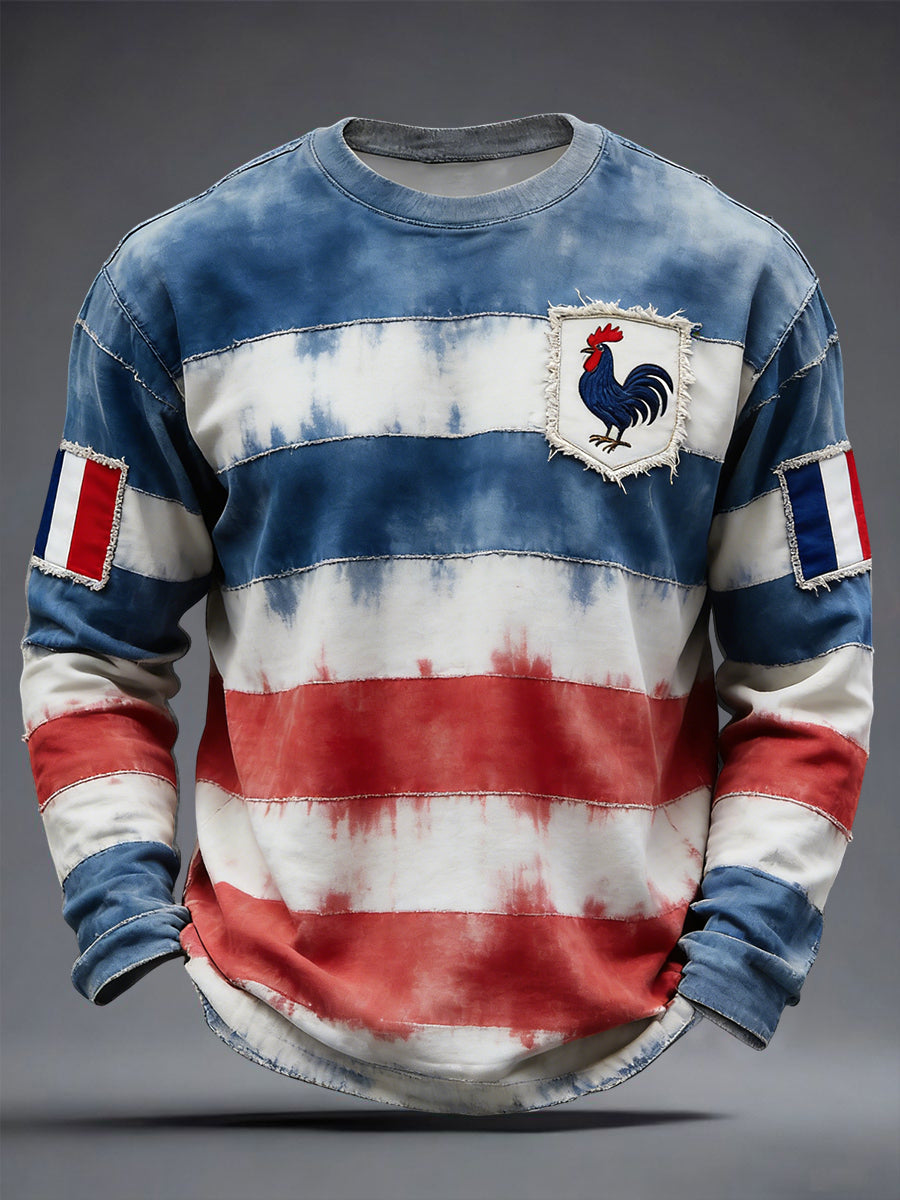 Rétro Français Coq Stripe Waffle Weave T-shirt décontracté