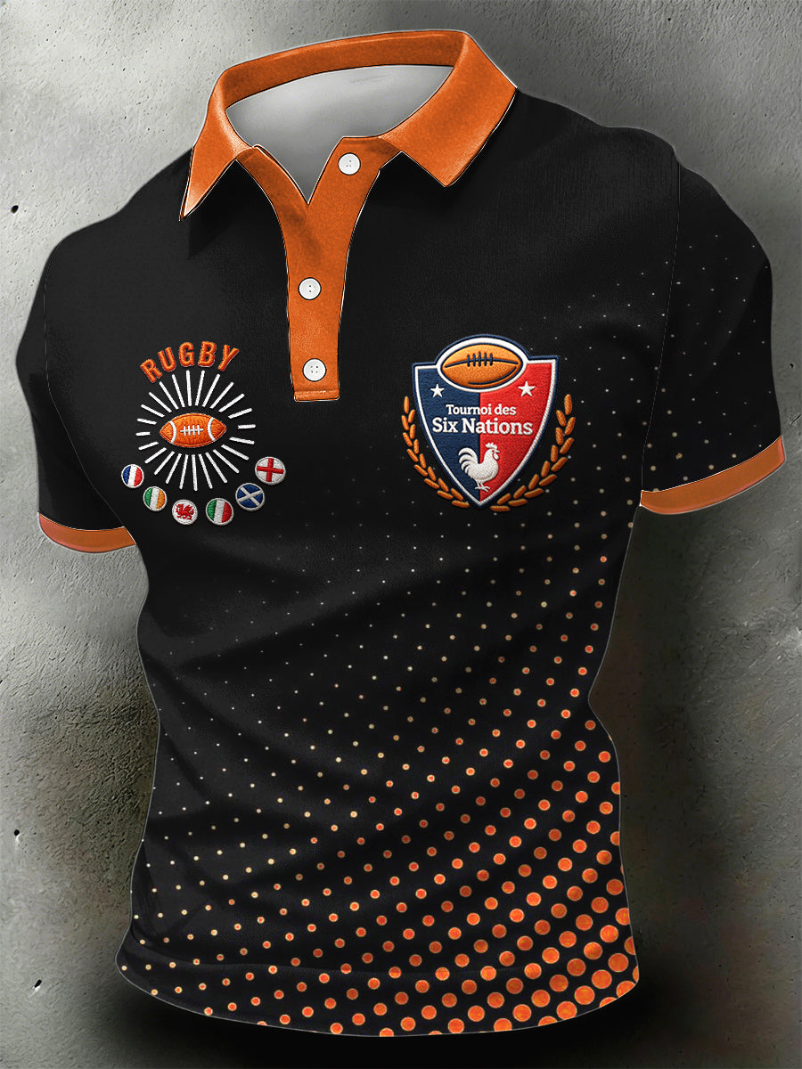 Maillot à manches courtes polo à patchwork noir imprimé rugby français pour homme