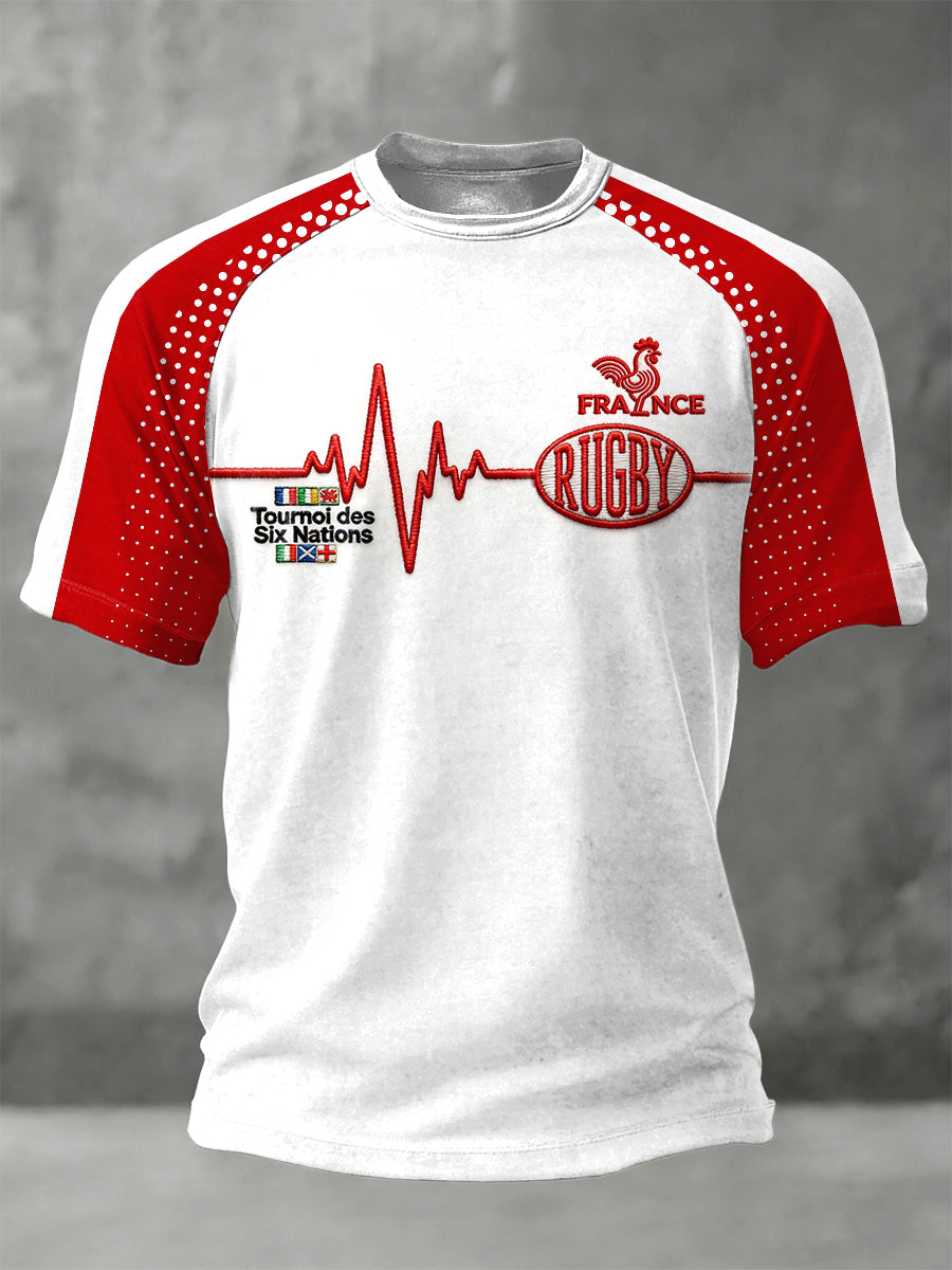 T-Shirt Homme France Six Nations Rugby Rouge et Blanc Imprimé Bloc En Jersey