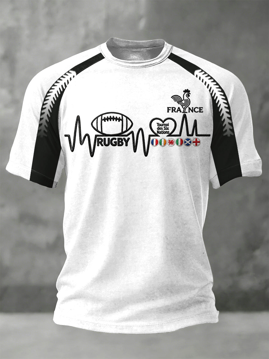 T-shirt Homme French Rugby Six Nations Blanc Patchwork Imprimé Jersey