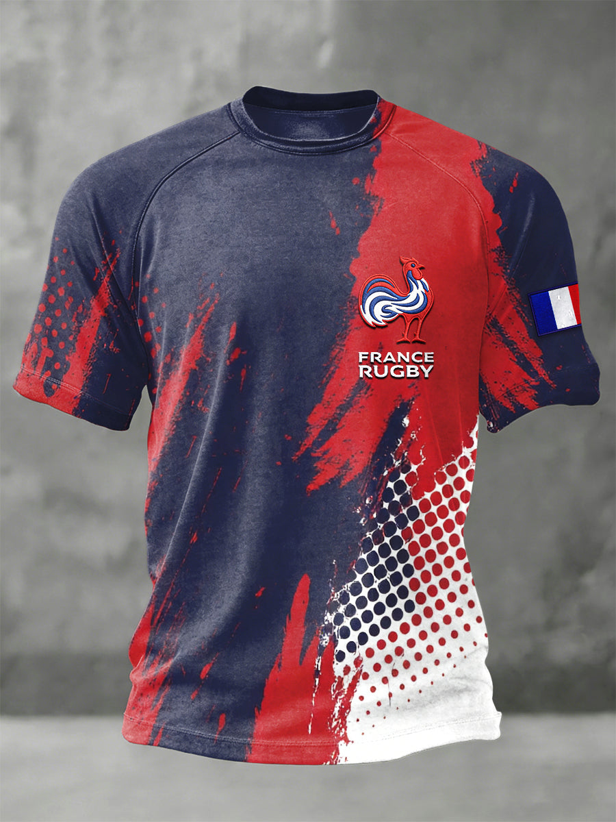 T-shirt à manches raglan décontracté imprimé French Rooster Rugby pour homme