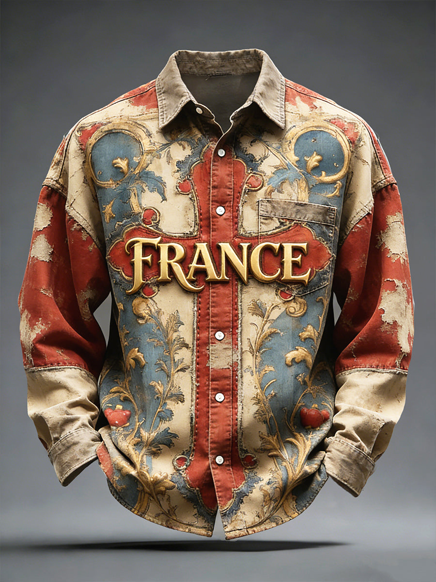 Polo vintage à manches longues à imprimé croisé français pour hommes
