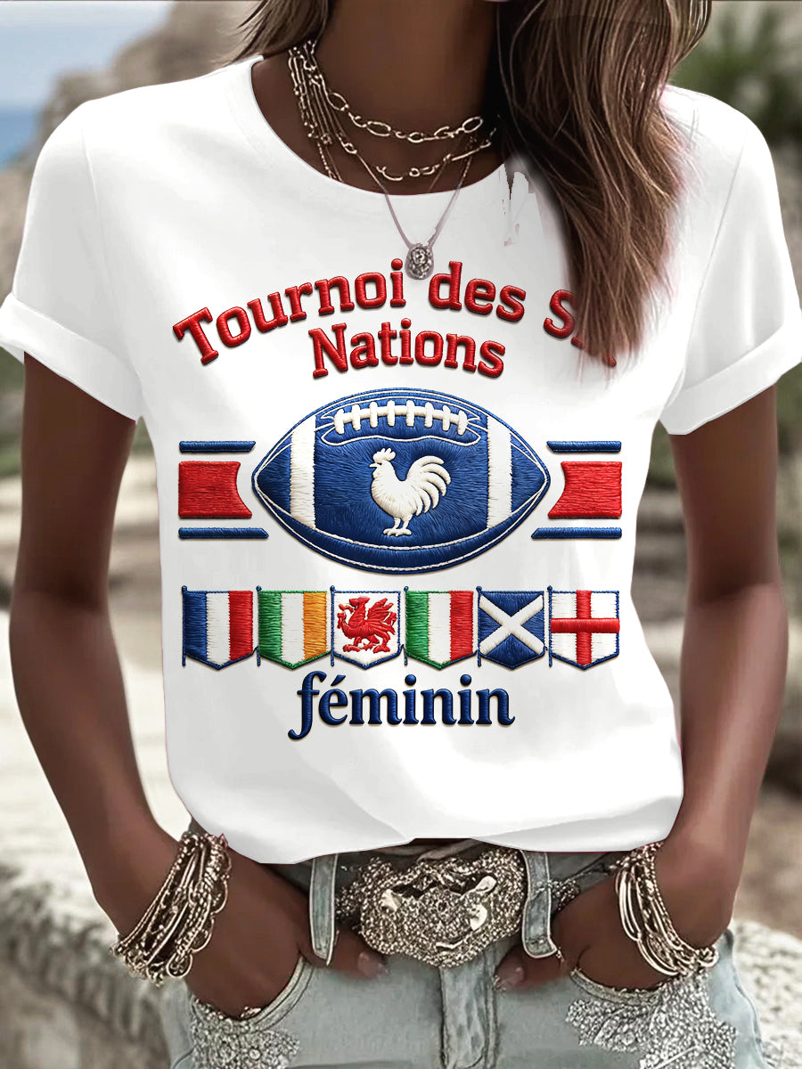 T-shirt blanc décontracté pour femme French Rugby Six Nations Print