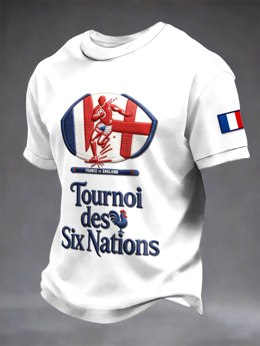 T-shirt blanc à manches courtes en jersey à imprimé rugby France vs Angleterre des Six Nations pour homme