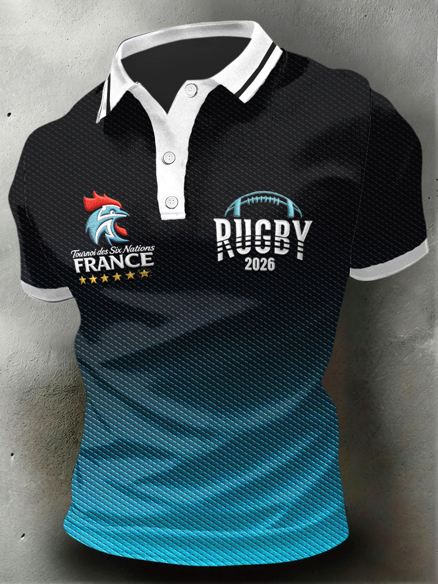 Polo décontracté dégradé à imprimé rugby coq français pour homme