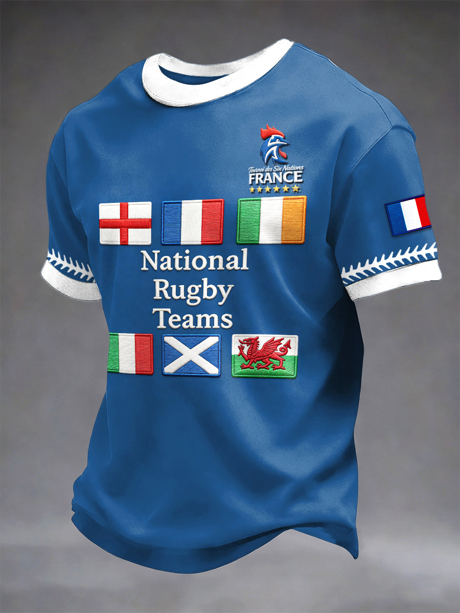 T-shirt bleu décontracté en jersey imprimé French Rugby Six Nations pour homme