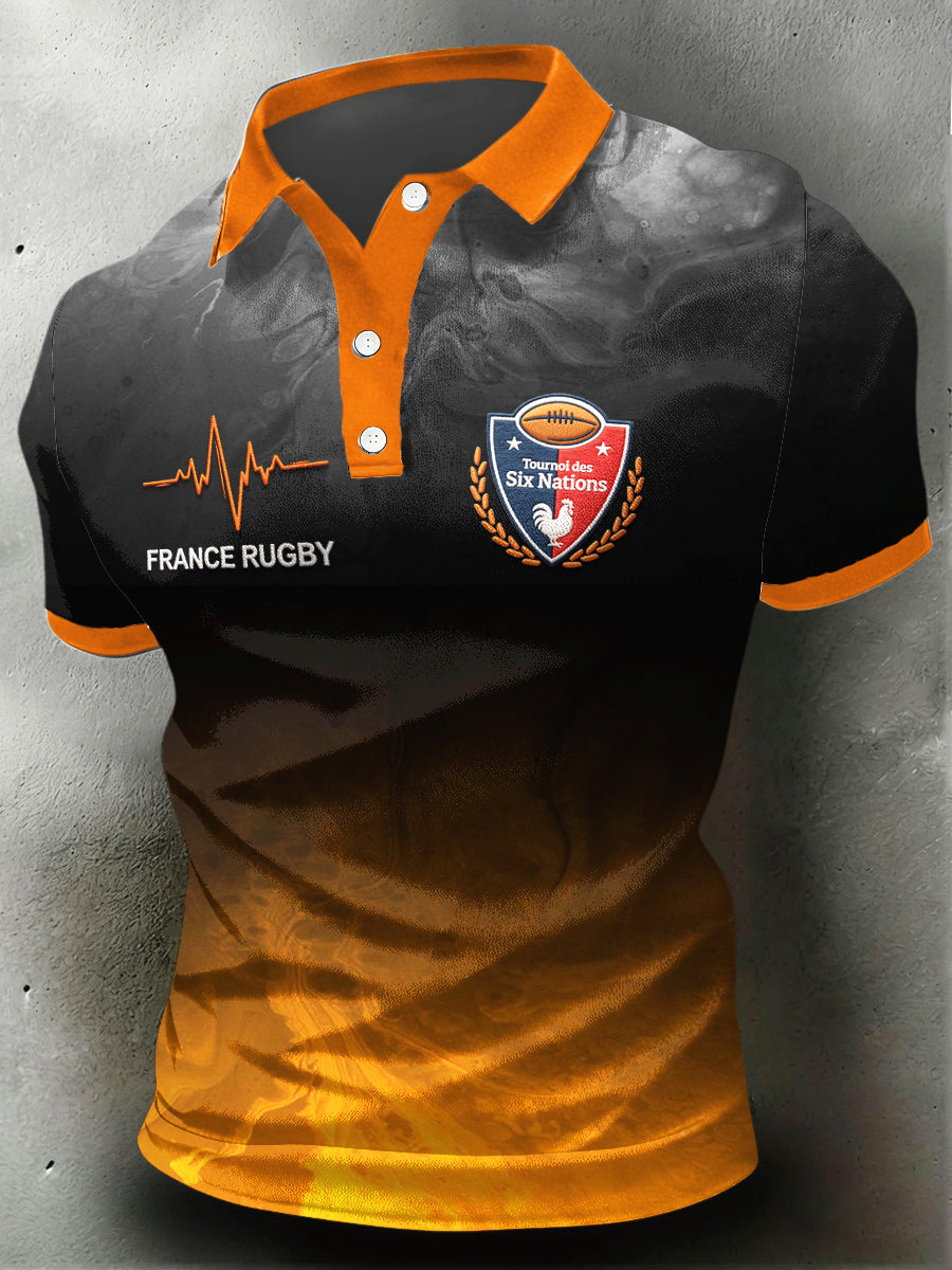 Polo à manches courtes en patchwork orange imprimé rugby français pour homme