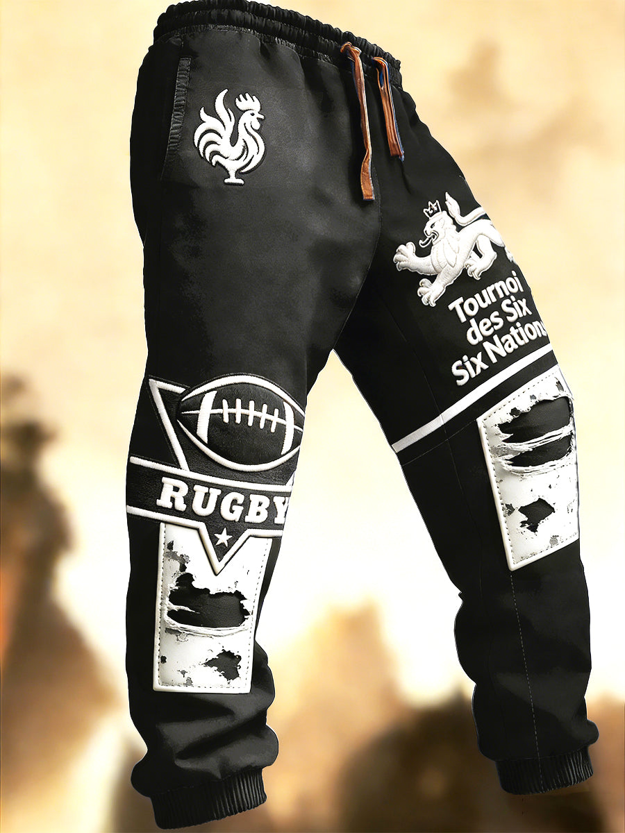 Pantalon de survêtement noir pour homme French Rugby Six Nations Patchwork Print
