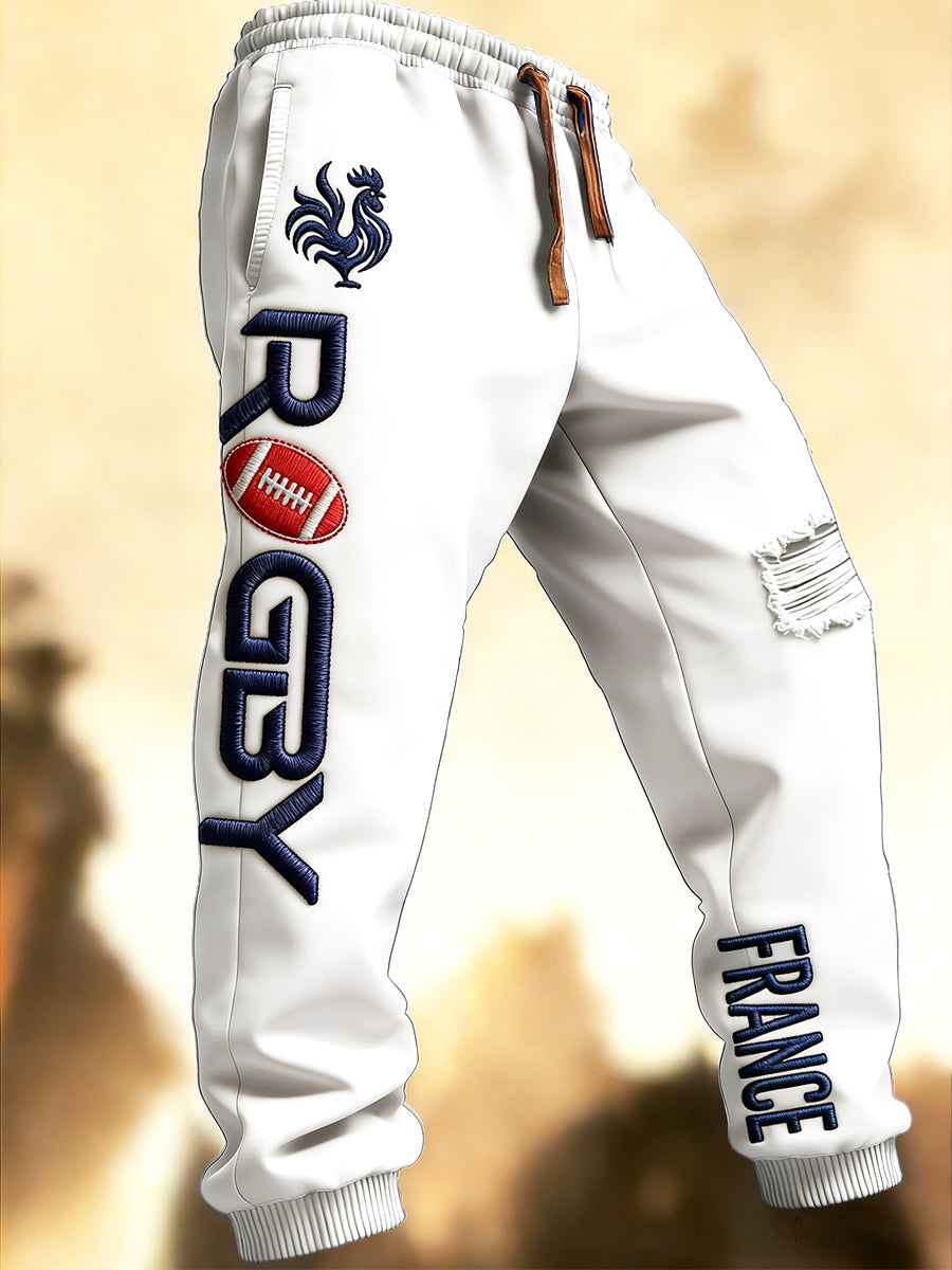 Pantalon de survêtement décontracté de sport imprimé rugby français blanc pour homme