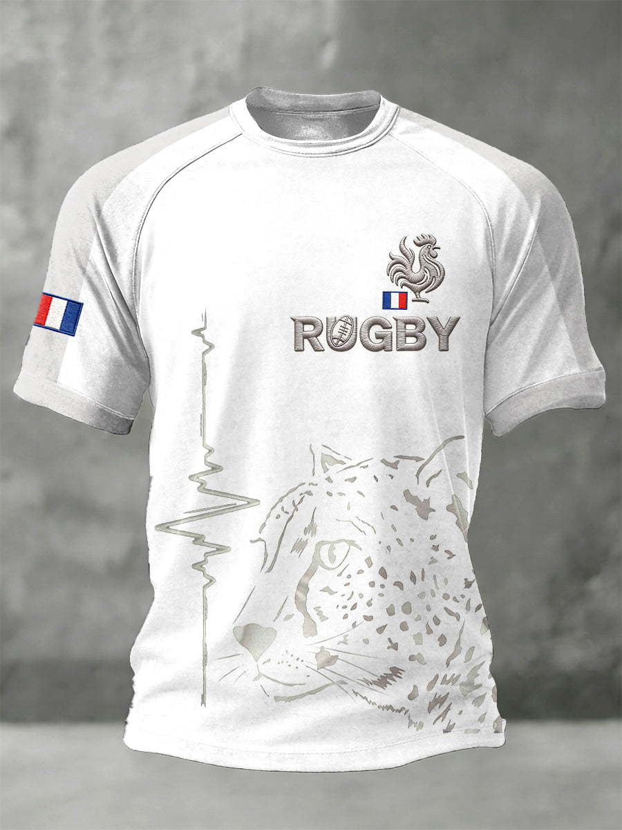 T-shirt blanc pour hommes avec imprimé rugby français et manches raglan