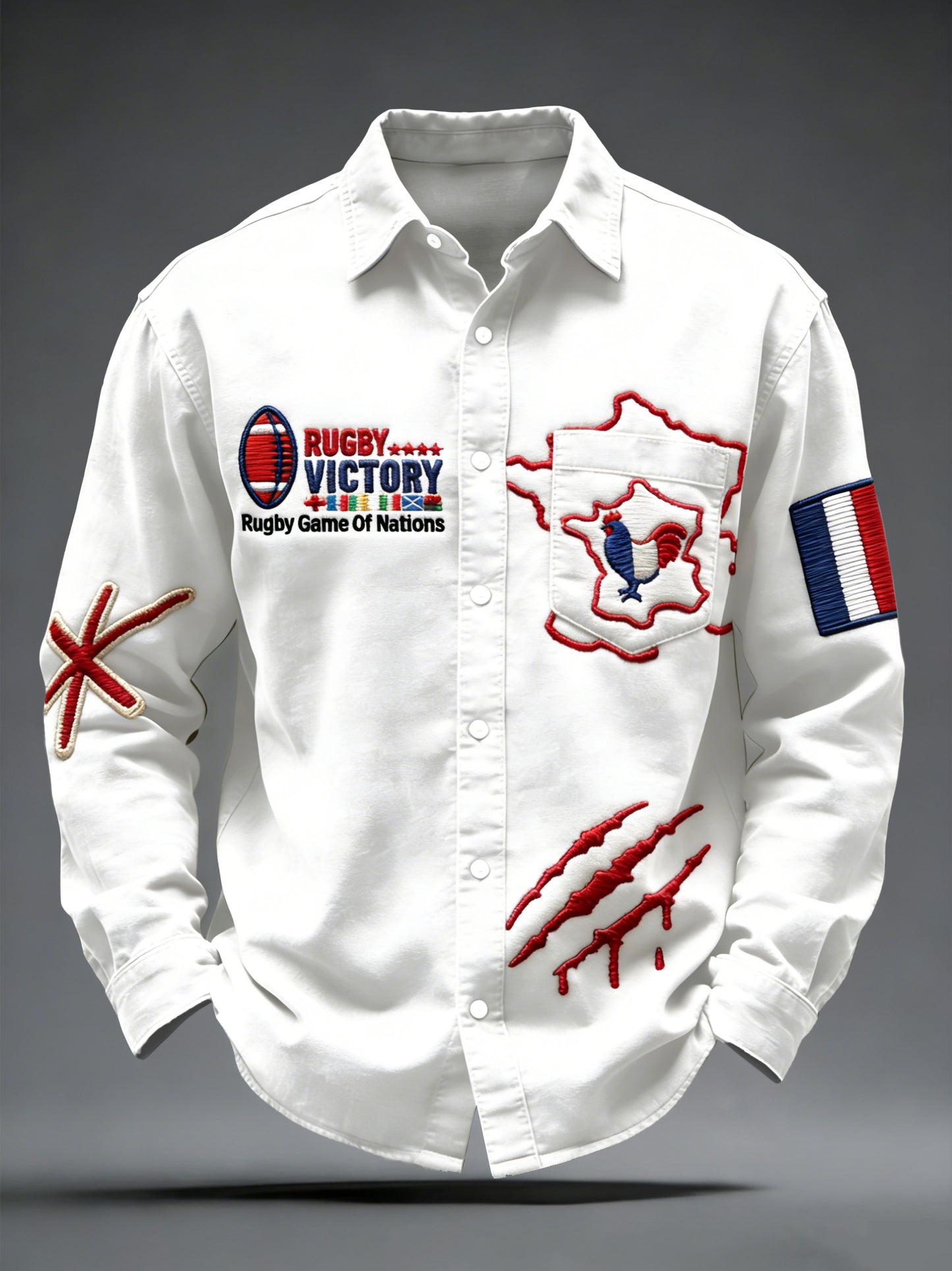 Chemise décontractée pour homme en denim, inspirée du rugby français, avec imprimé patchwork