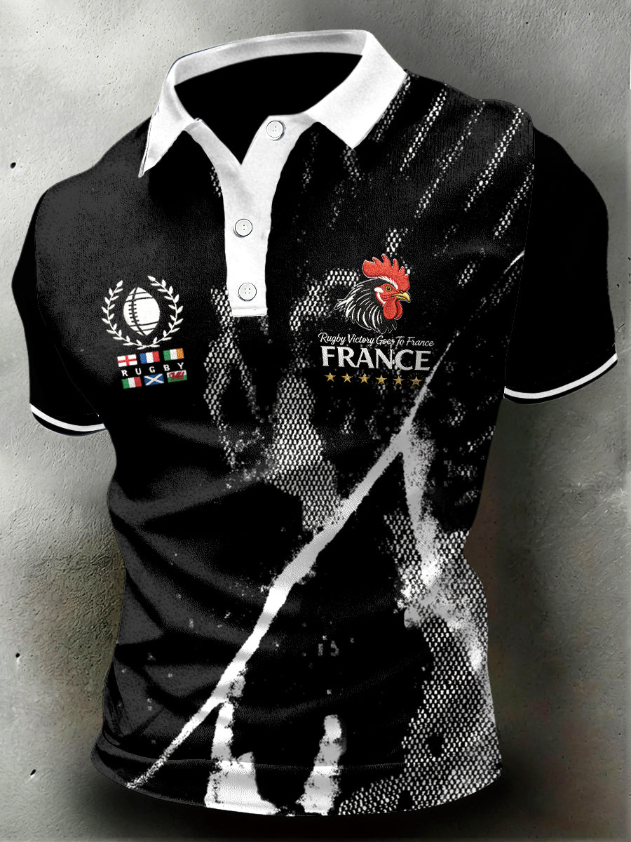 Polo Homme French Rooster Rugby Six Nations Imprimé Noir En Jersey