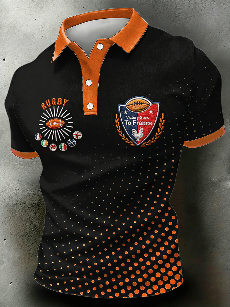 Polo manches courtes en jersey, motif rugby français, patchwork noir, pour homme