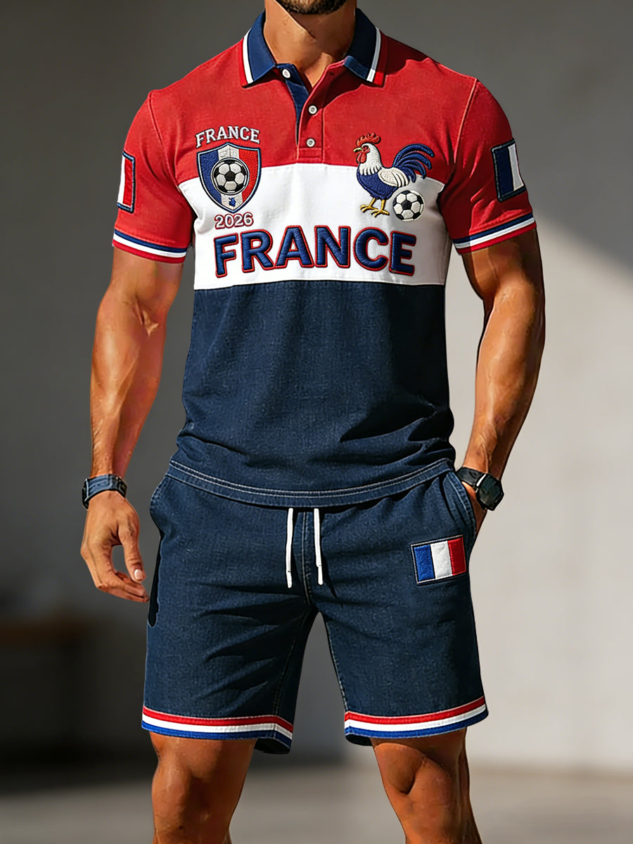 Rétro Français 2026 Football Patchwork Casual Polo Shorts Ensemble