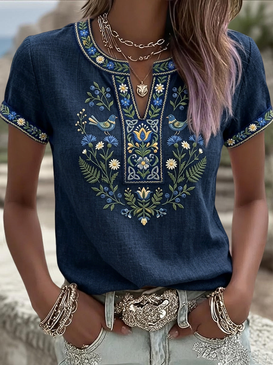 T-shirt rétro artistique suédois pour femmes, motif floral ethnique de la Saint-Jean, col en V