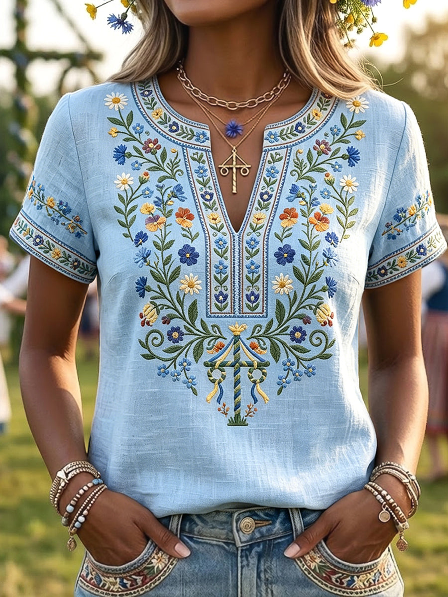 T-shirt rétro pour femmes, style artistique suédois, motif de mât de la Saint-Jean, col en V, fleuri