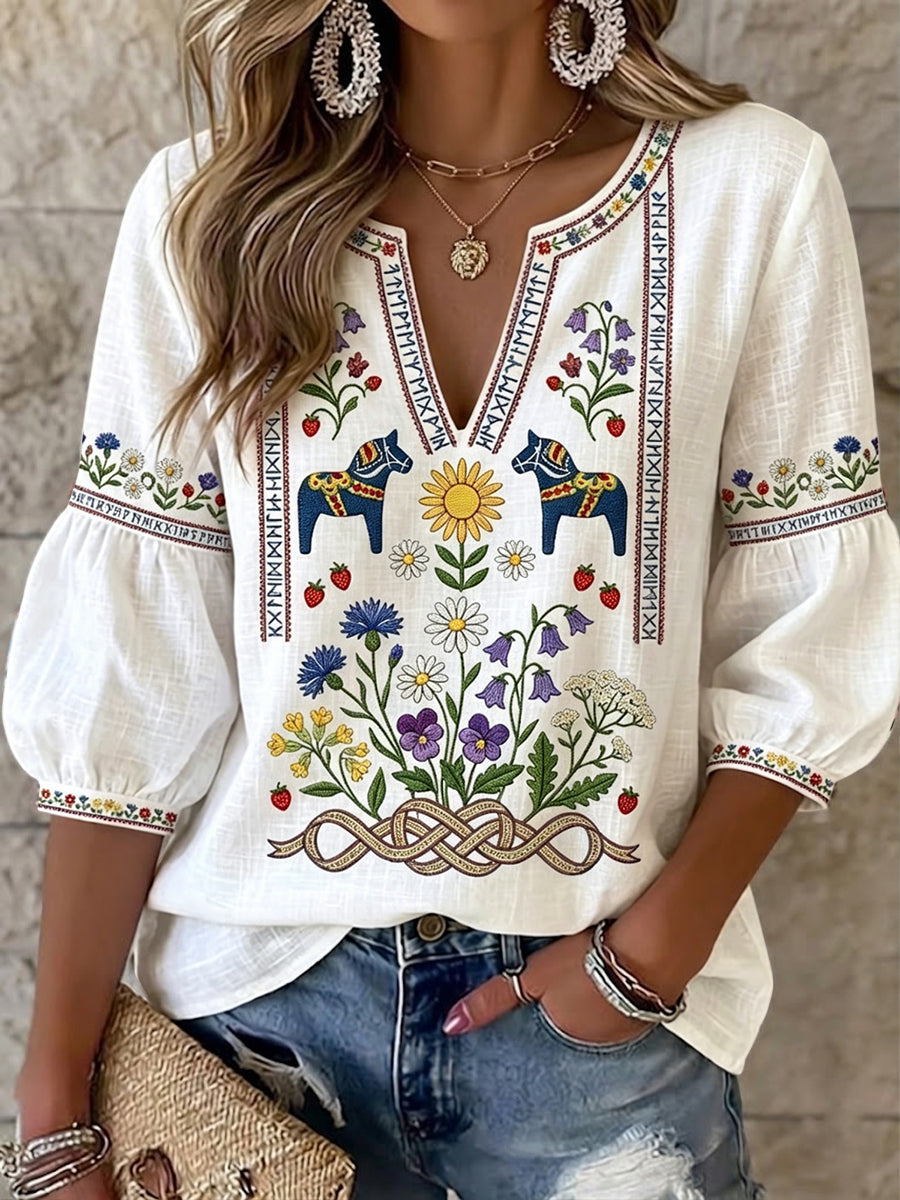 Top vintage suédois pour la Saint-Jean à imprimé floral et encolure en V pour femme