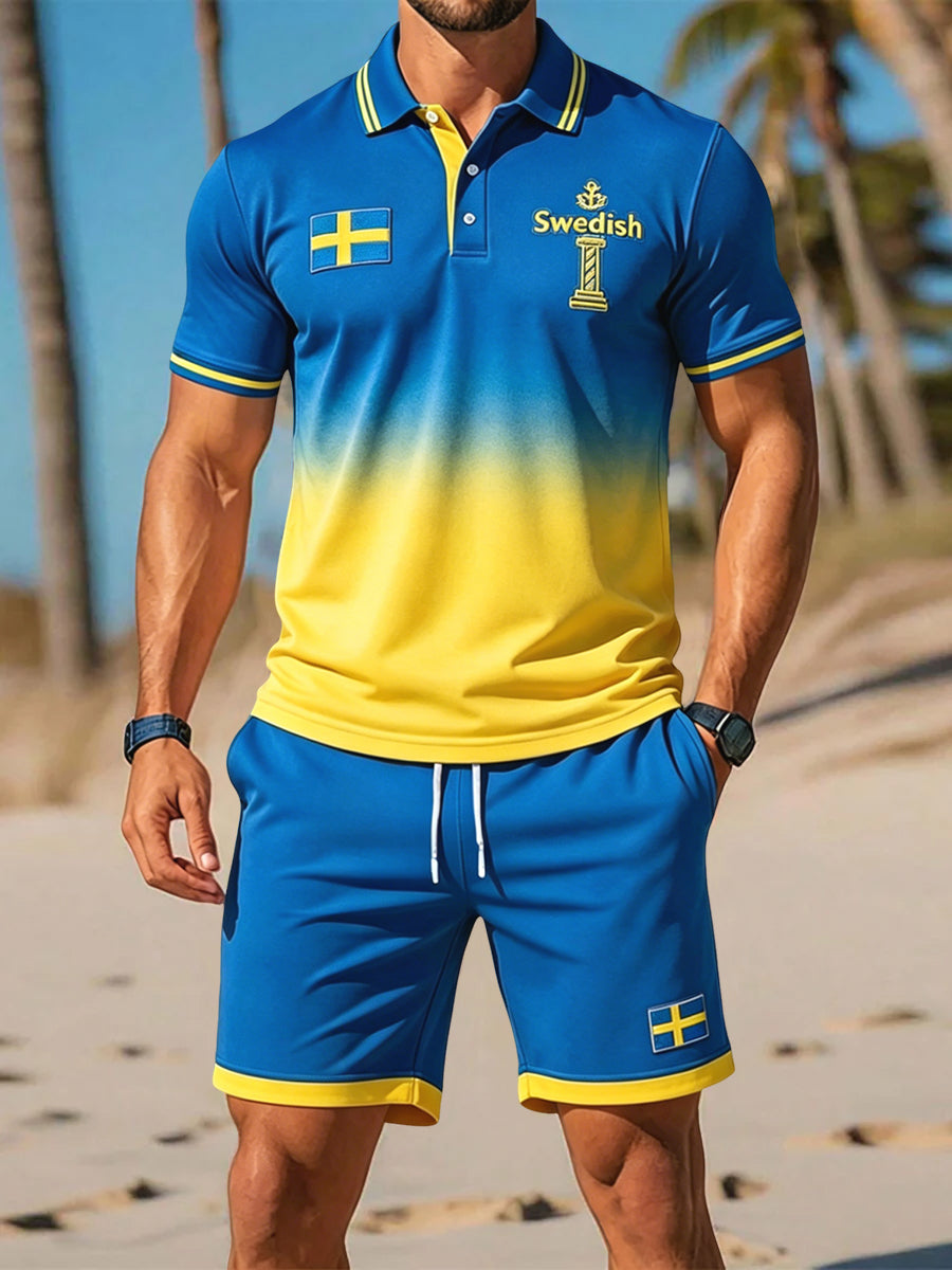 Ensemble décontracté rétro suédois pour hommes: polo et shorts en dégradé, style fête de la Saint-Jean