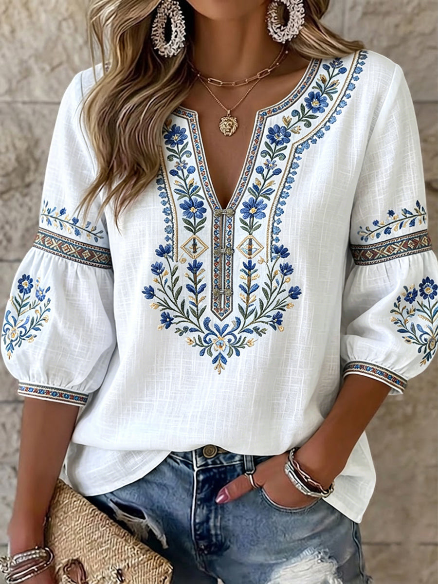 Top vintage suédois pour femmes, motif floral de la Saint-Jean, col en V