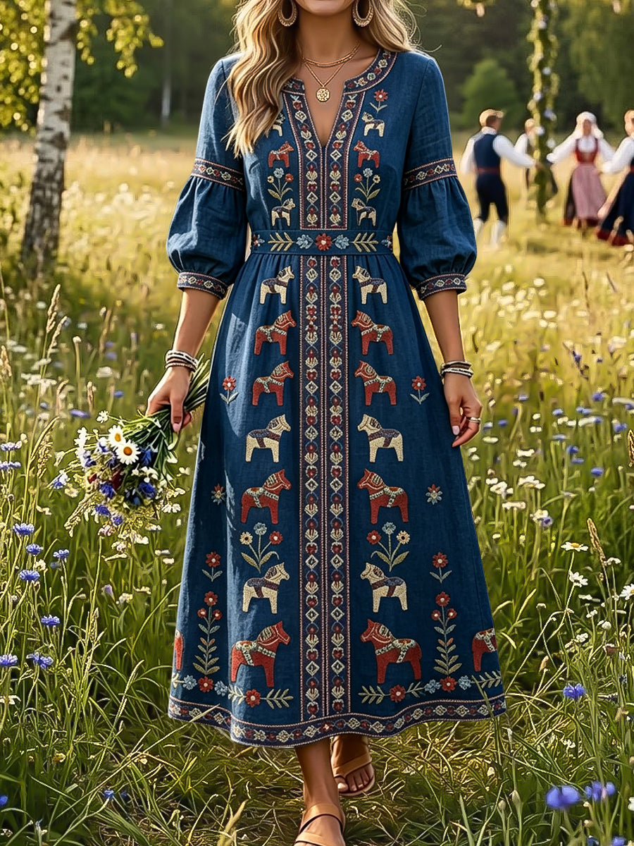 Rétro Swedish Midsummer Carrousel Floral Art V-Neck Robe Femme