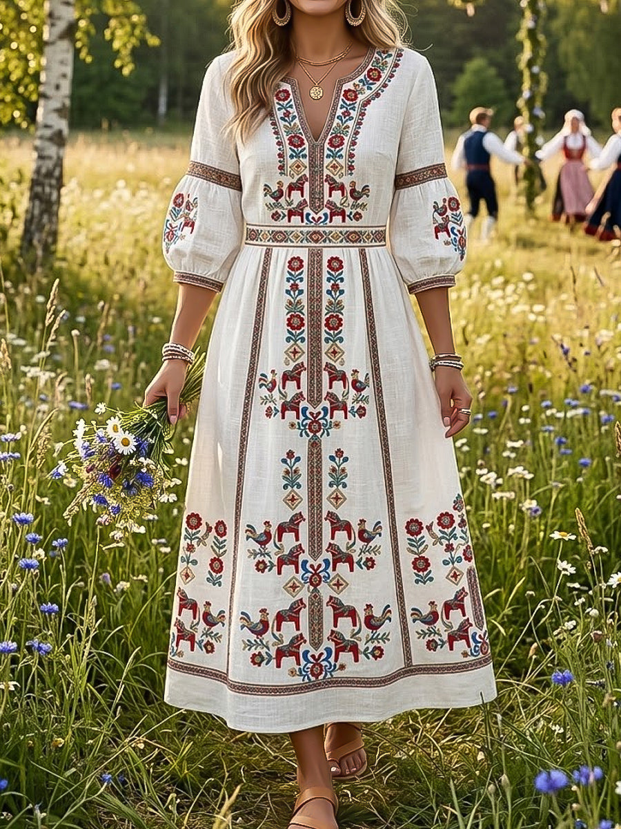 Retro Swedish Midsummer Floral V-Neck Robe Femme