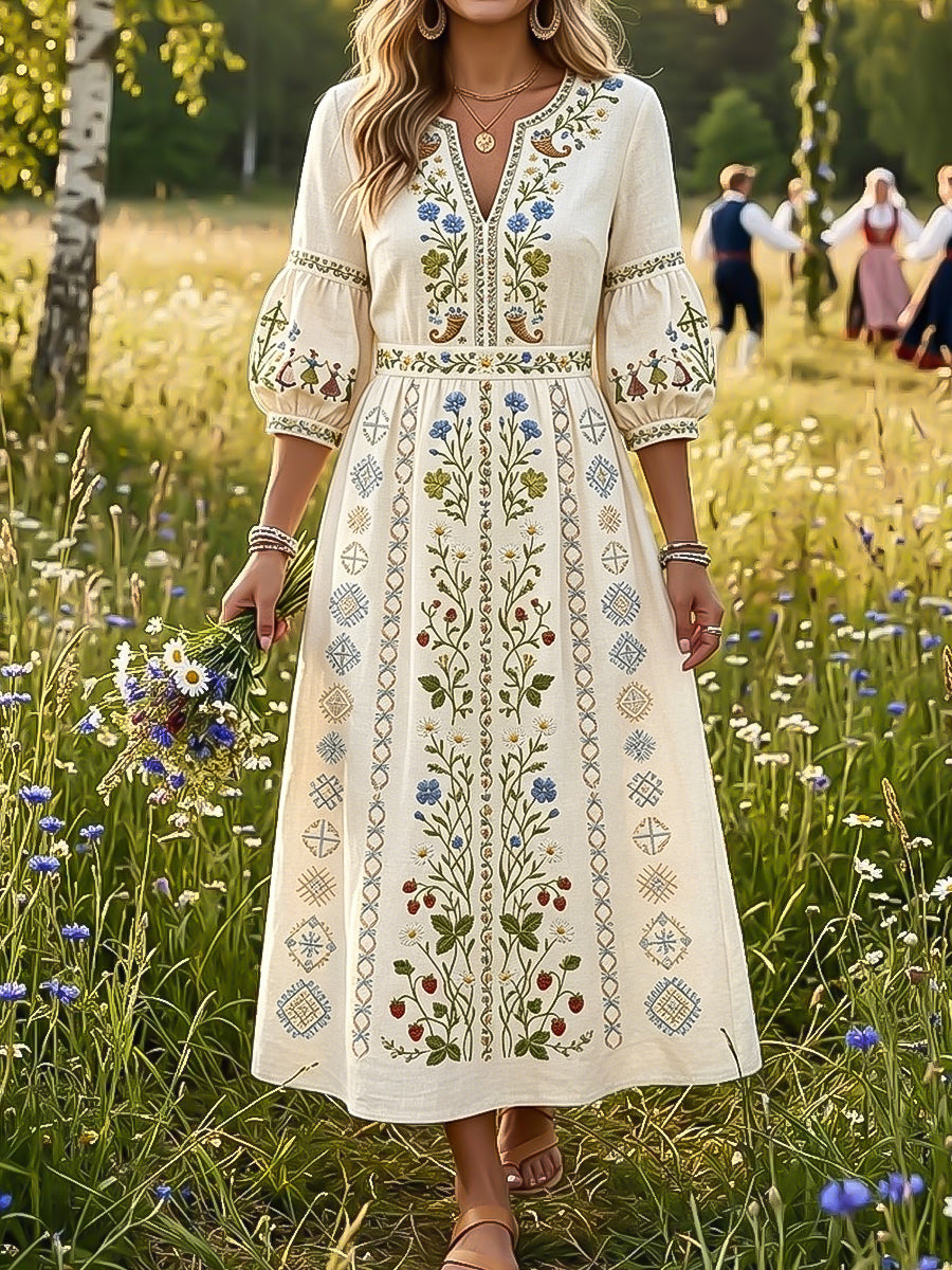 Vintage Swedish Midsummer Floral Art V-Neck Robe Femme