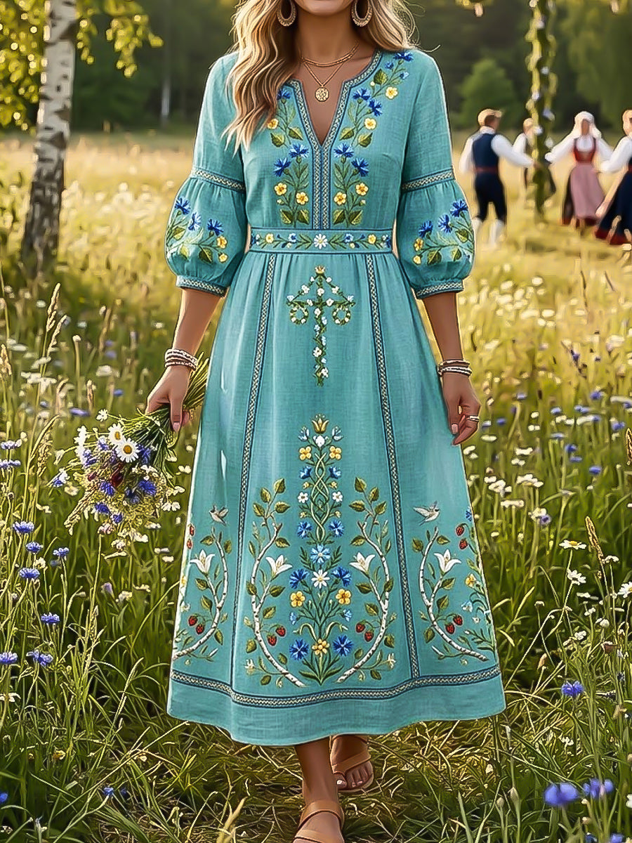 Vintage Swedish Midsummer Flower Crown Art V-Neck Dress des femmes