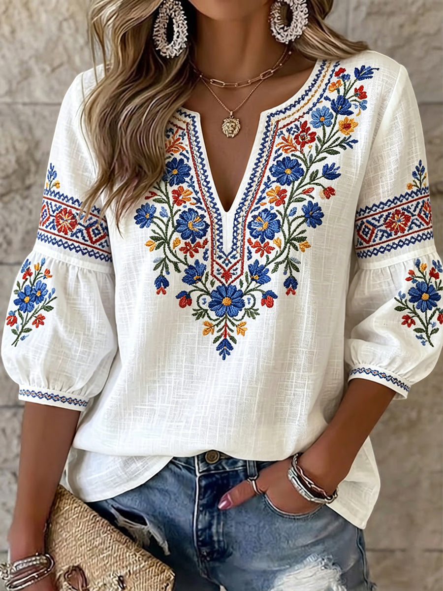 Femmes Rétro Suédois Midsummer Colorful Floral Art V-Neck Top