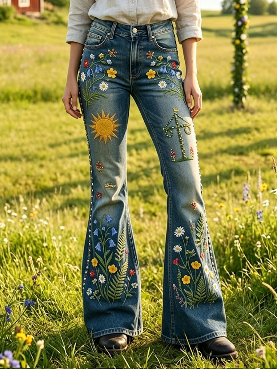 Femme suédoise Midsummer-Inspired Floral artistique décontracté Bell-Bas Pantalon