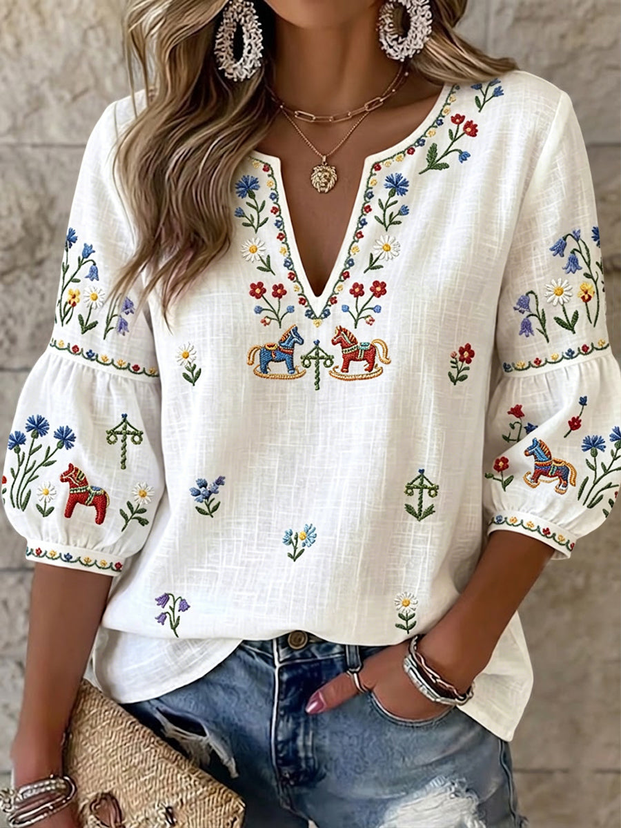 Top rétro suédois pour femmes, motif floral de la fête de la Saint-Jean, style carrousel, col en V