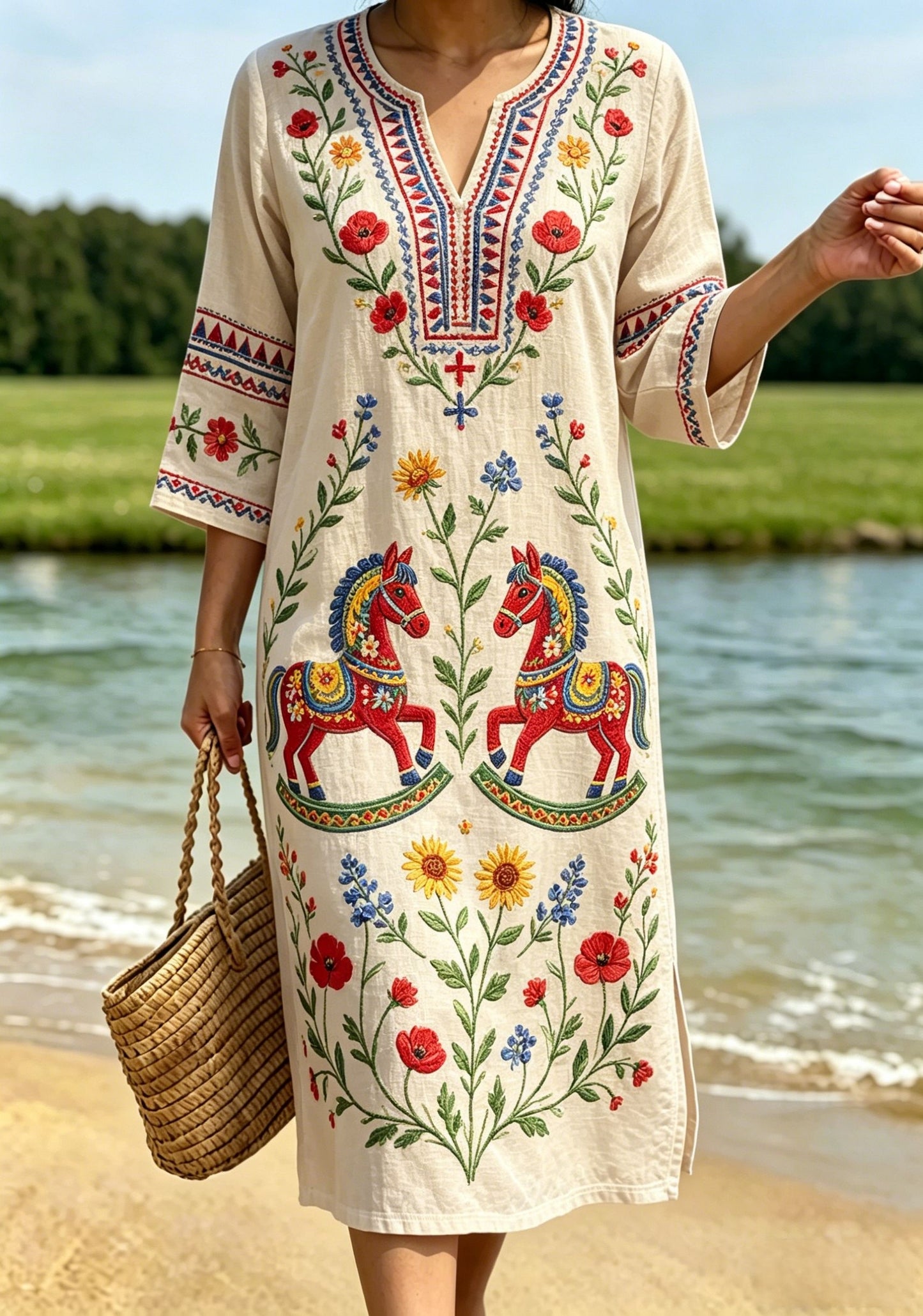 Robe rétro suédoise de la Saint-Jean pour femmes, en coton-lin, à motifs floraux