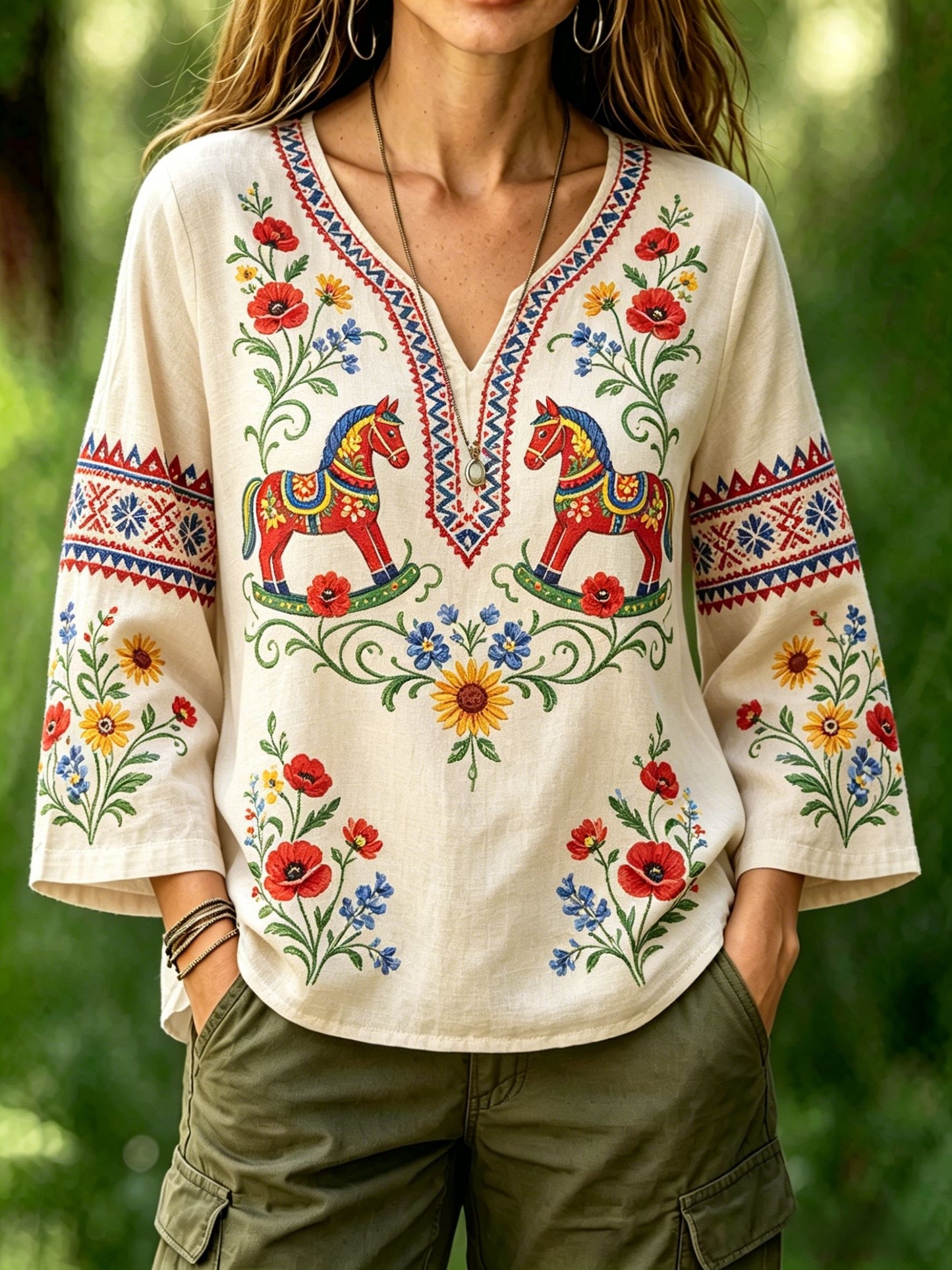 Chemise rétro suédoise de la Saint-Jean pour femmes, en coton-lin, à motifs floraux