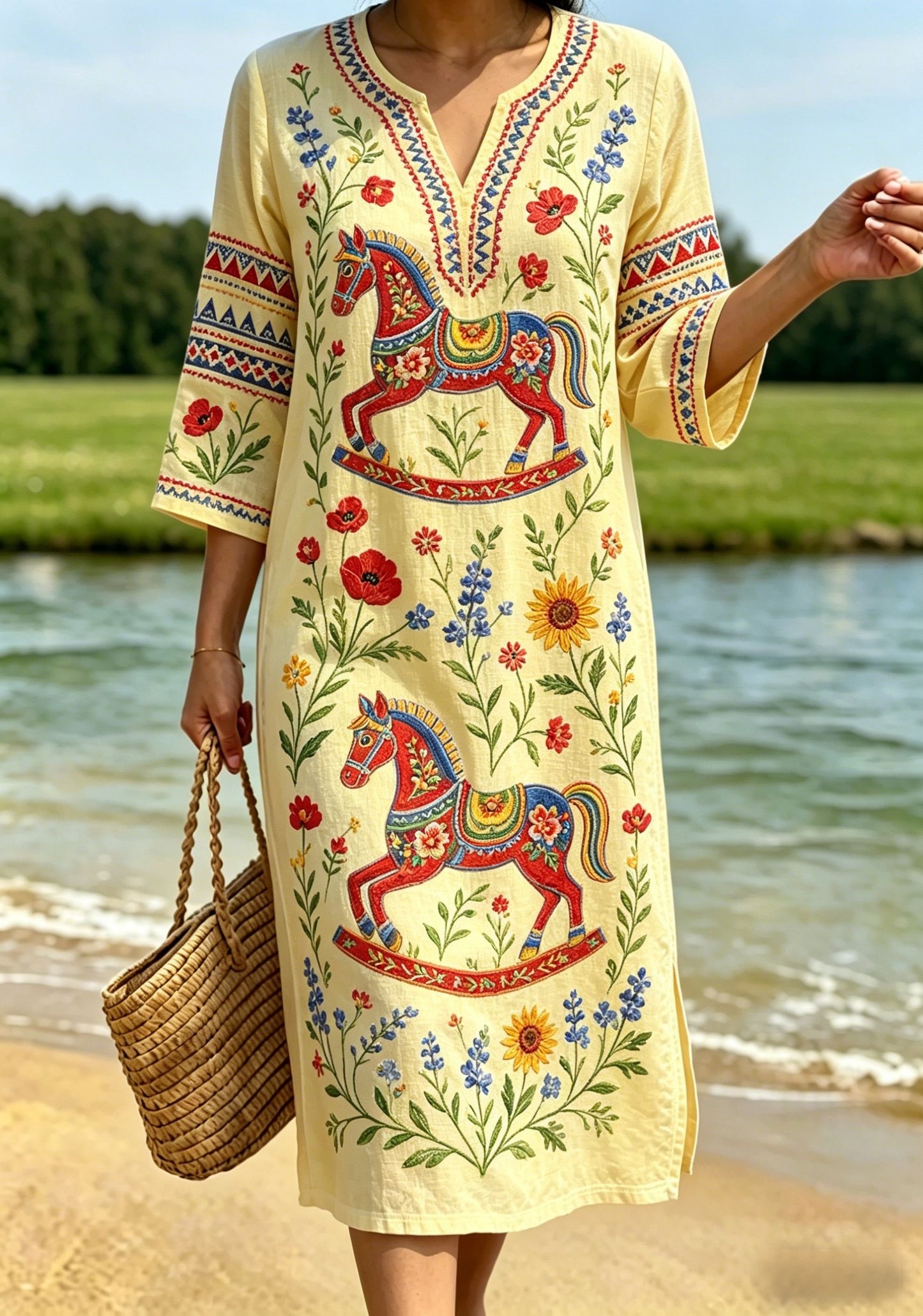 Robe rétro suédoise de la Saint-Jean pour femmes, en coton-lin, à motifs floraux